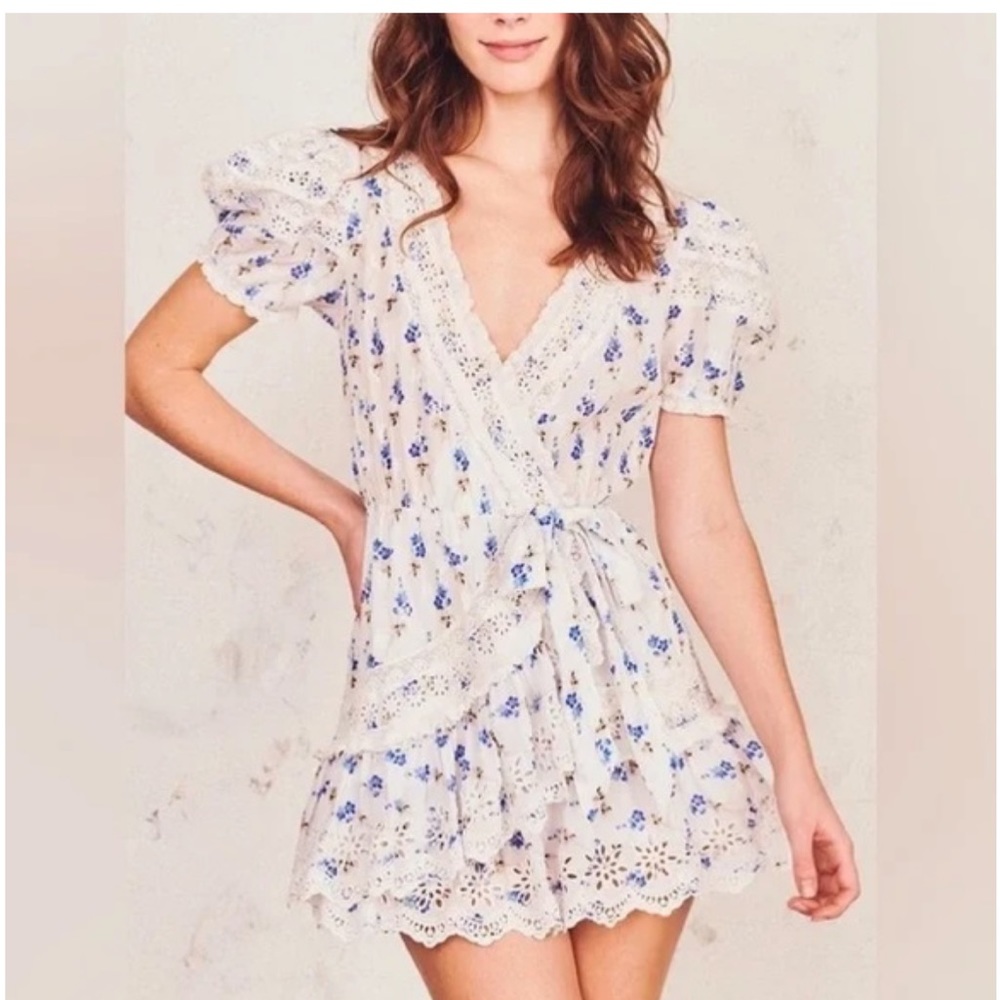 Love Shack Fancy White and Blue Floral Mini Dress size 4